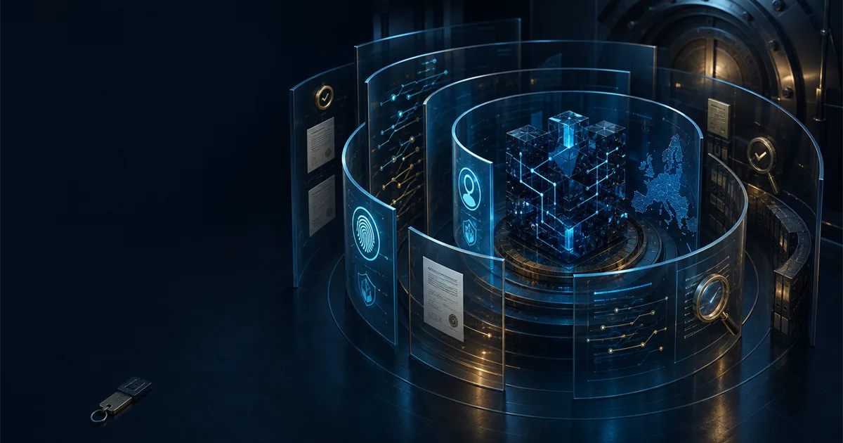 Code repository protected by layers of identity, contract, logs, residency and audit in a dark digital environment.